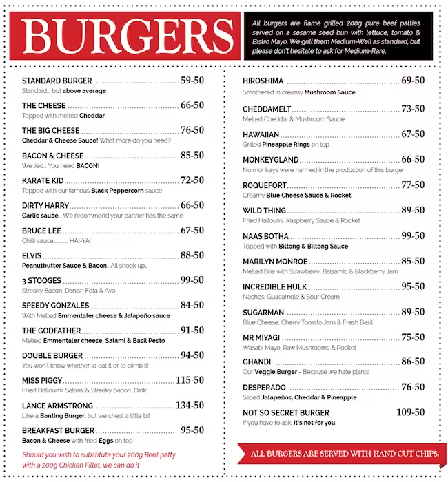 Burger Bistro Menu South Africa Burgers