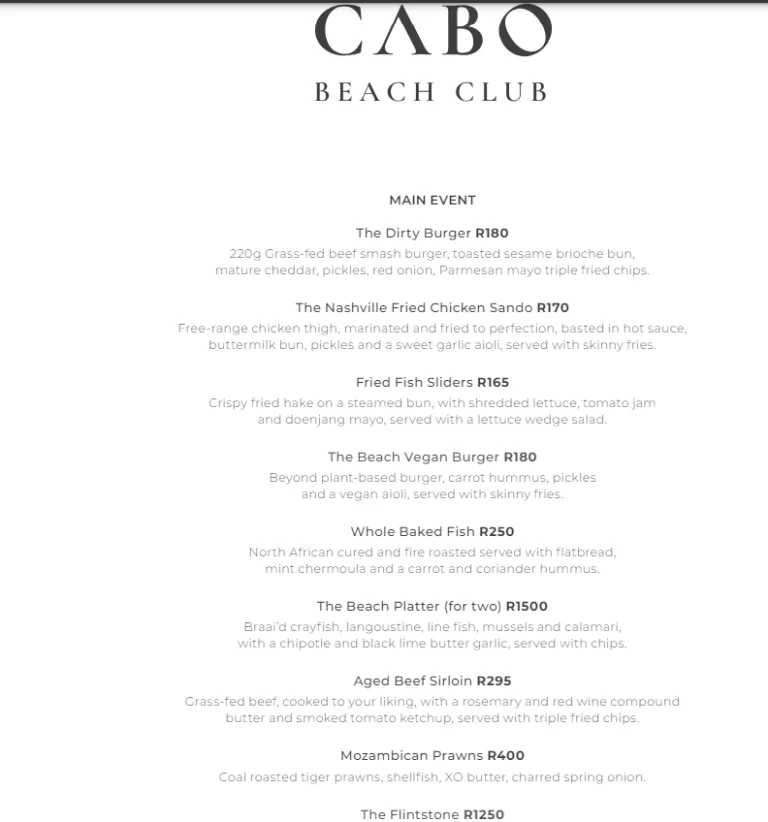 Cabo Beach Club Menu With Updated Prices in South Africa