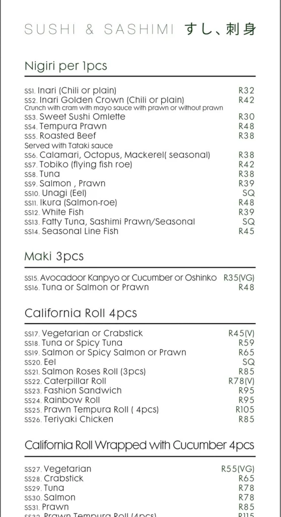 Daruma Umhlanga Menu South Africa Teppan Yaki A La Carte Menu