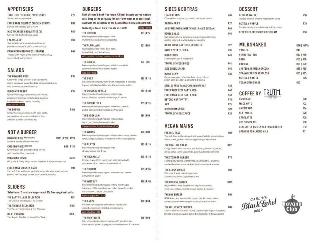 Hudsons Menu South Africa EXTRA PATTIES