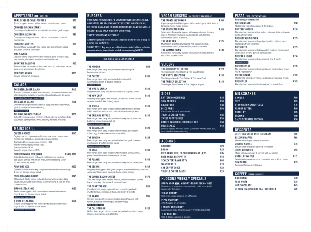 Hudsons Menu With Updated Prices in South Africa