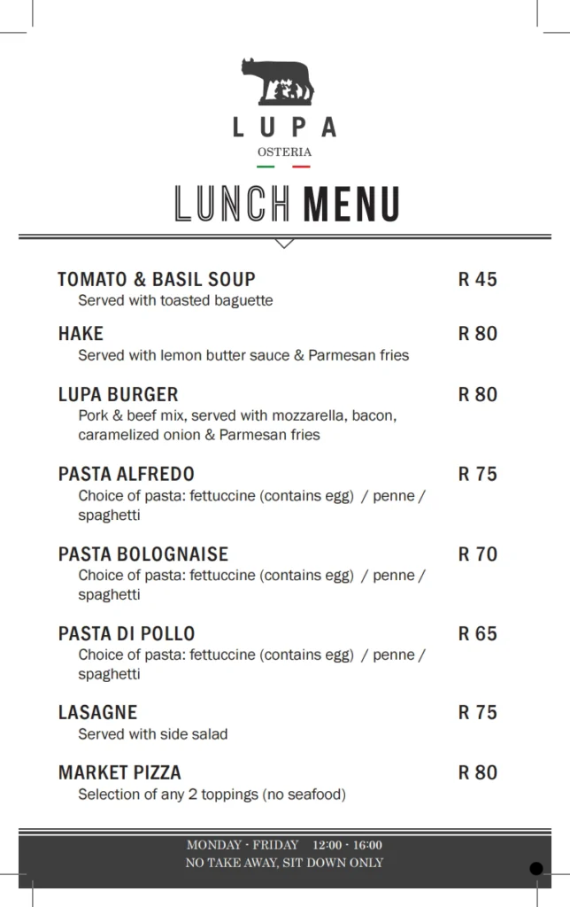 Lupa Osteria Menu South Africa Dolce