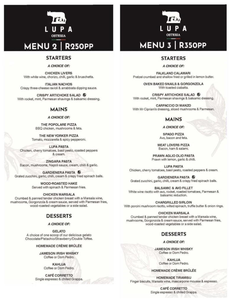 Lupa Osteria Menu South Africa Secondi