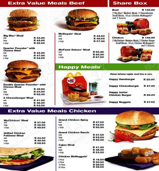 McDonalds Menu With Updated Prices South Africa