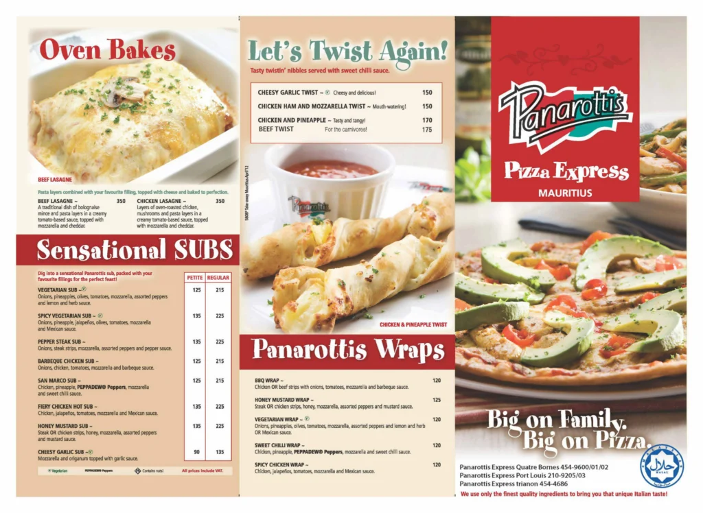 Panarottis Pasta Menu