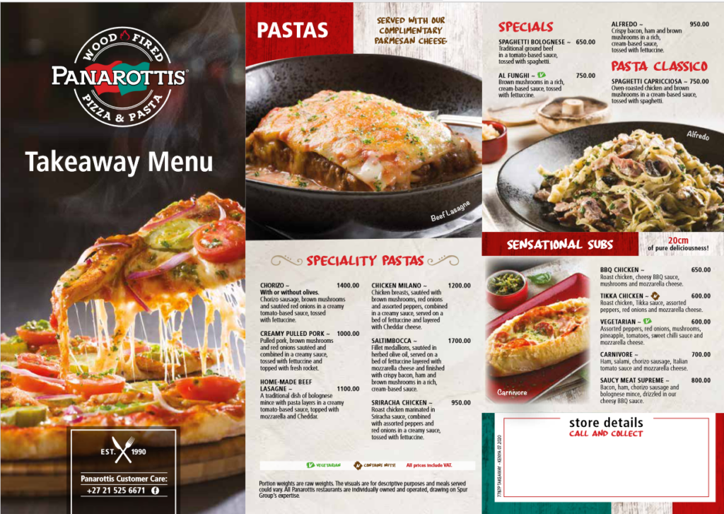 Panarottis Takeaway Menu