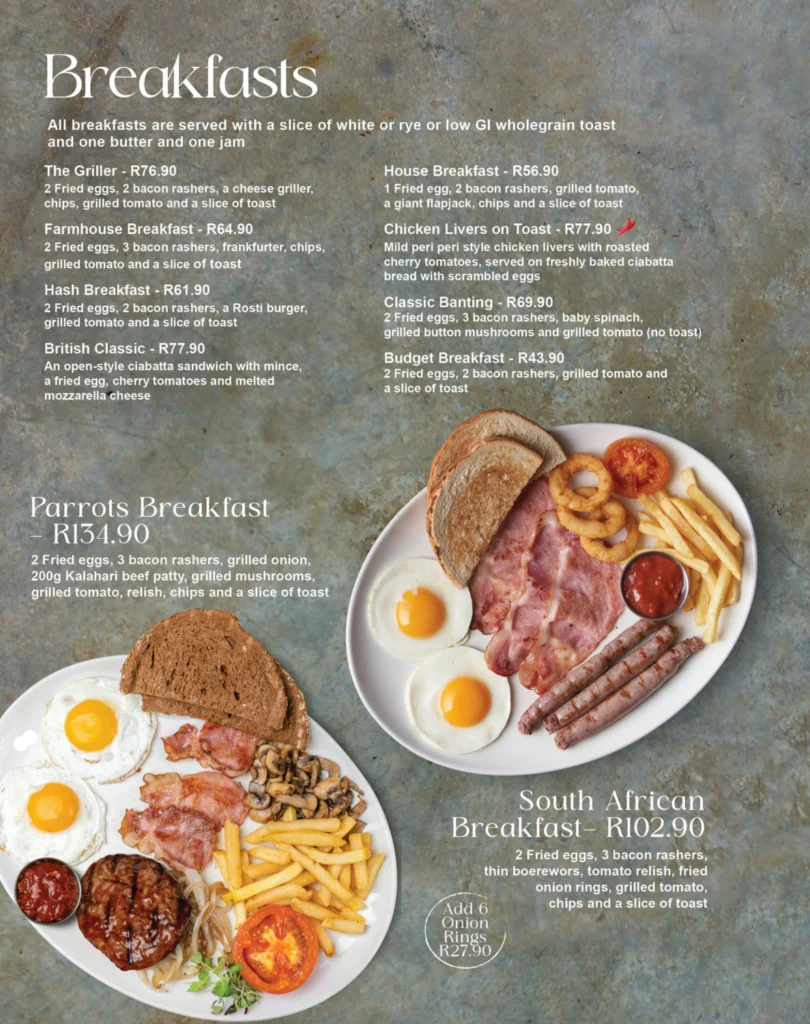 Parrots Breakfast Menu