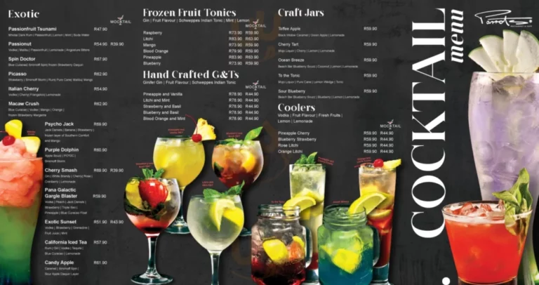 Parrots Menu With Updated Prices in South Africa