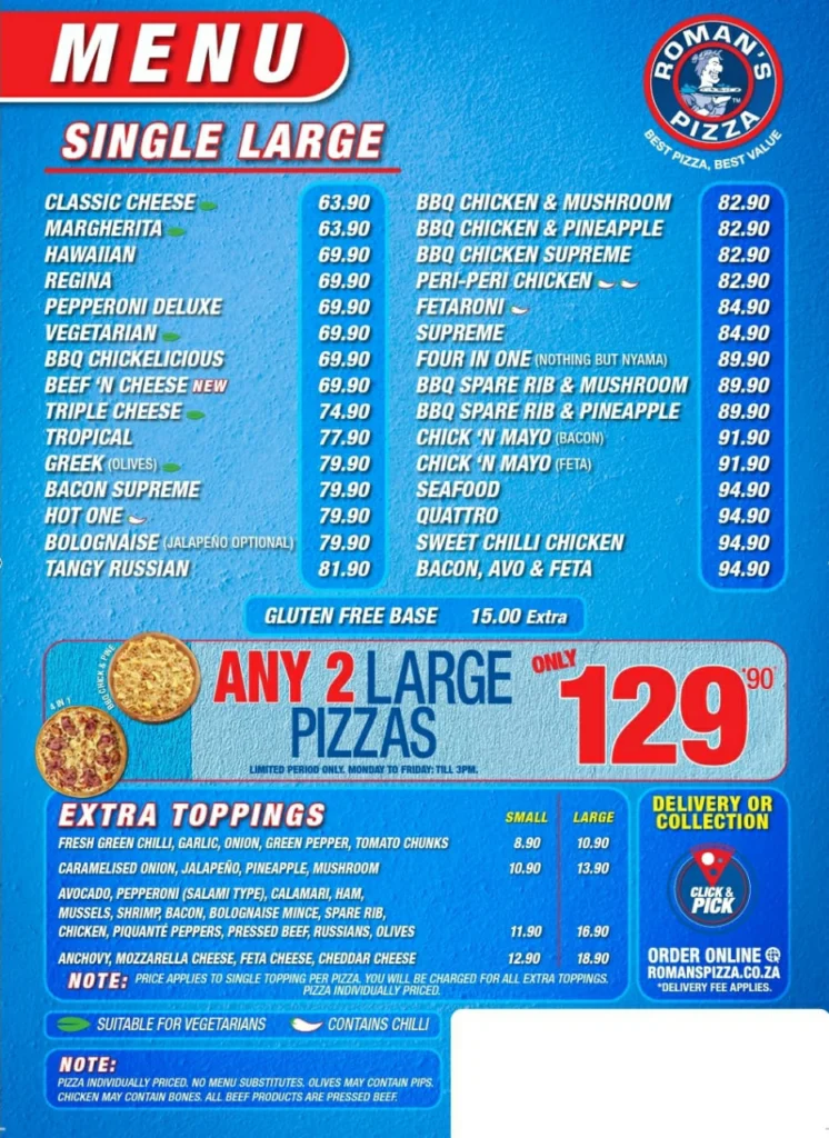 Romans Large Pizzas Menu