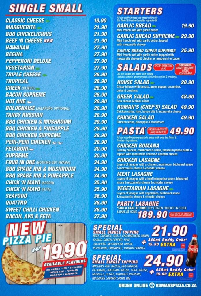 Romans Small Pizzas Menu