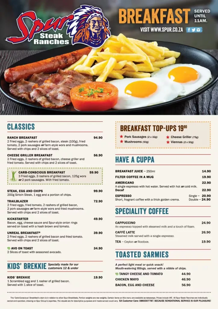 Spur’s Breakfast Menu South Africa