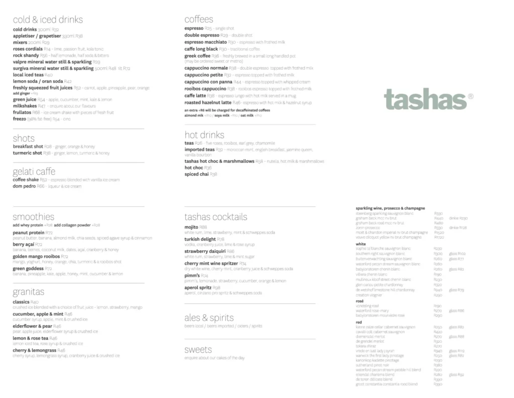 Tashas Menu With Updated Prices in South Africa