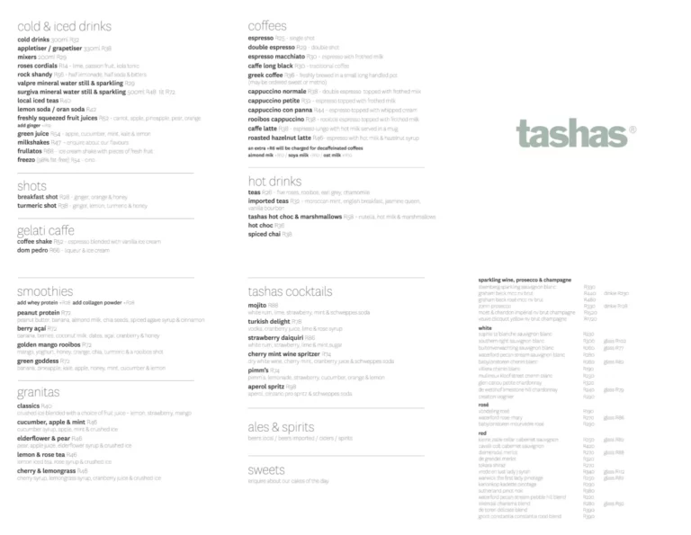 Tashas Menu With Updated Prices in South Africa