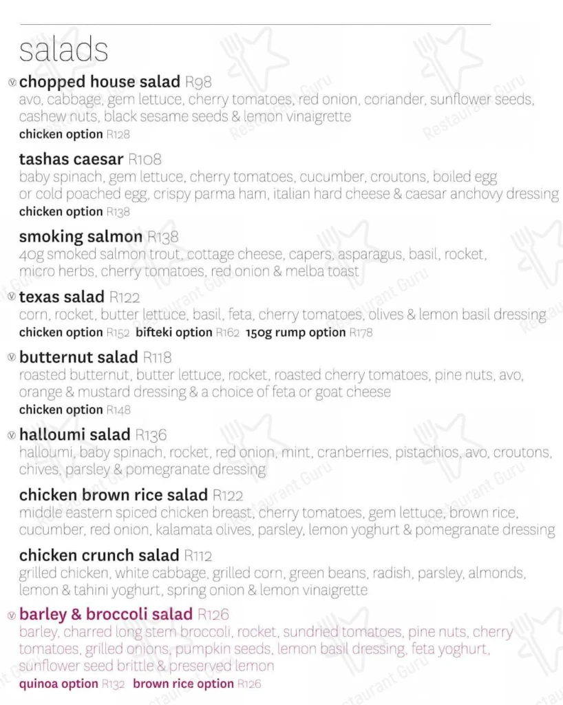 Tashas Salads Menu