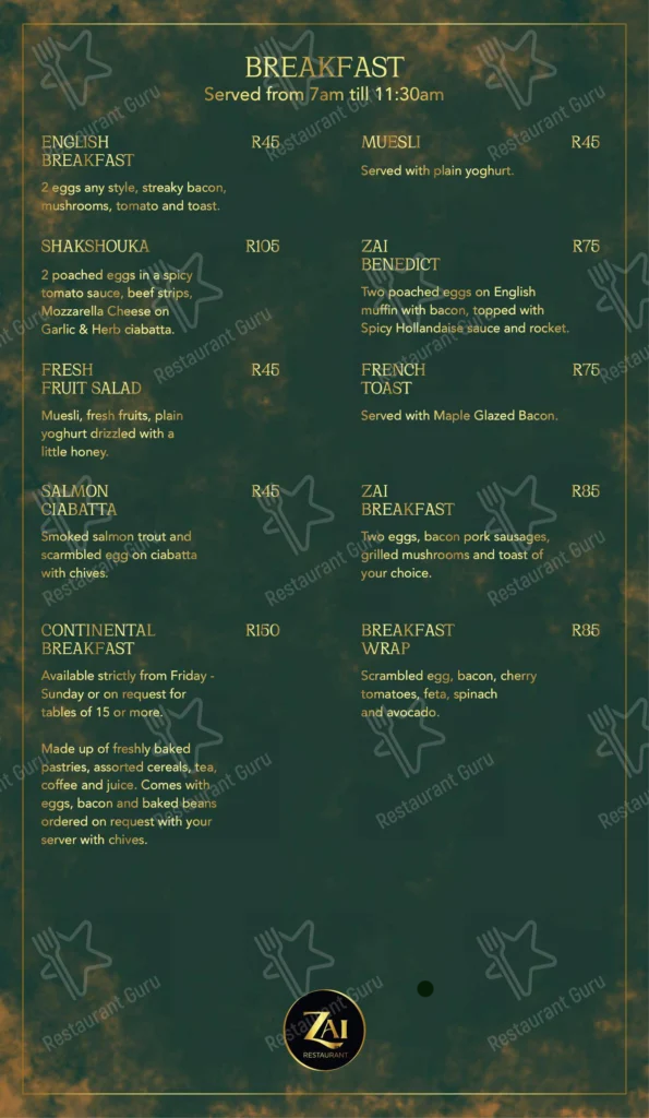 Zai Restaurant Menu South Africa POLLO-POULTRY / PASTAS / DOLCE – DESSERTS