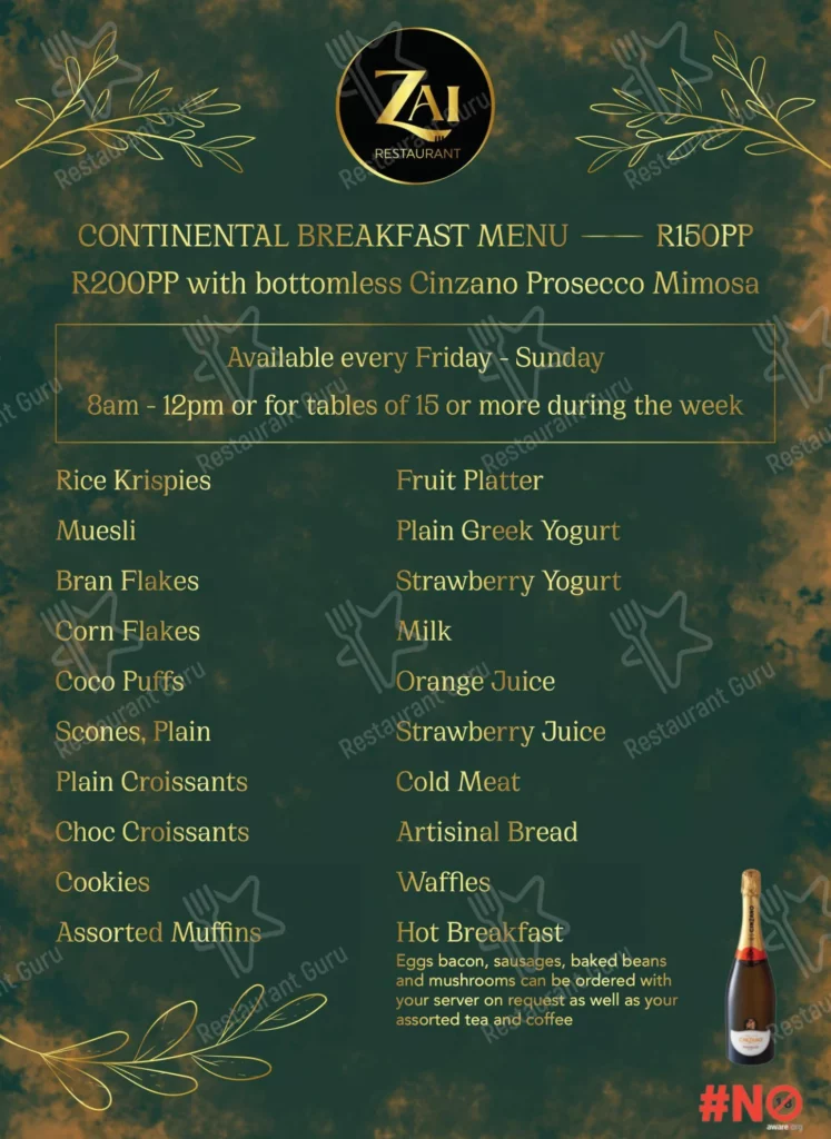 Zai Restaurant Menu With Updated Prices in South Africa