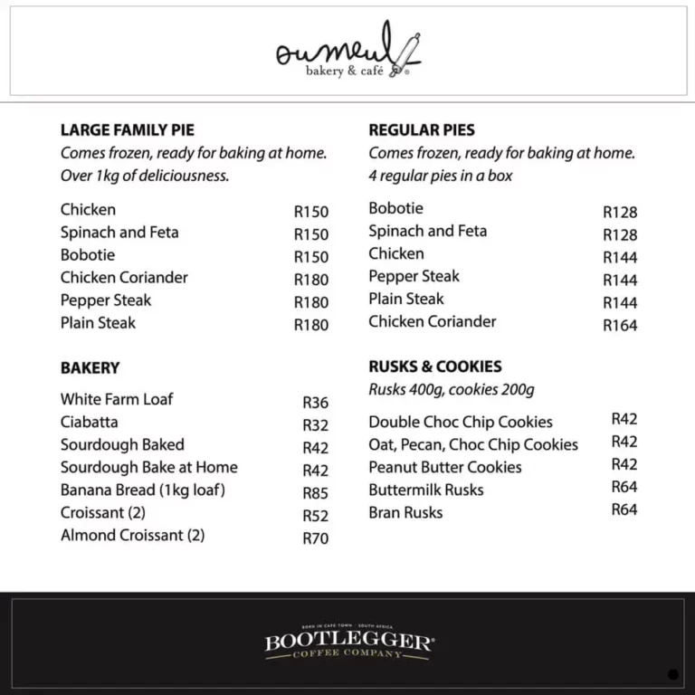 Bootleggers Menu With Updated Prices in South Africa