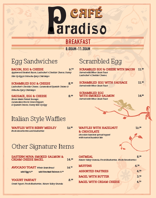 Cafe Paradiso Menu With Updated Prices in South Africa