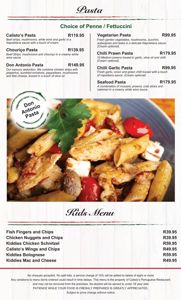 Calistos Menu South Africa Meat