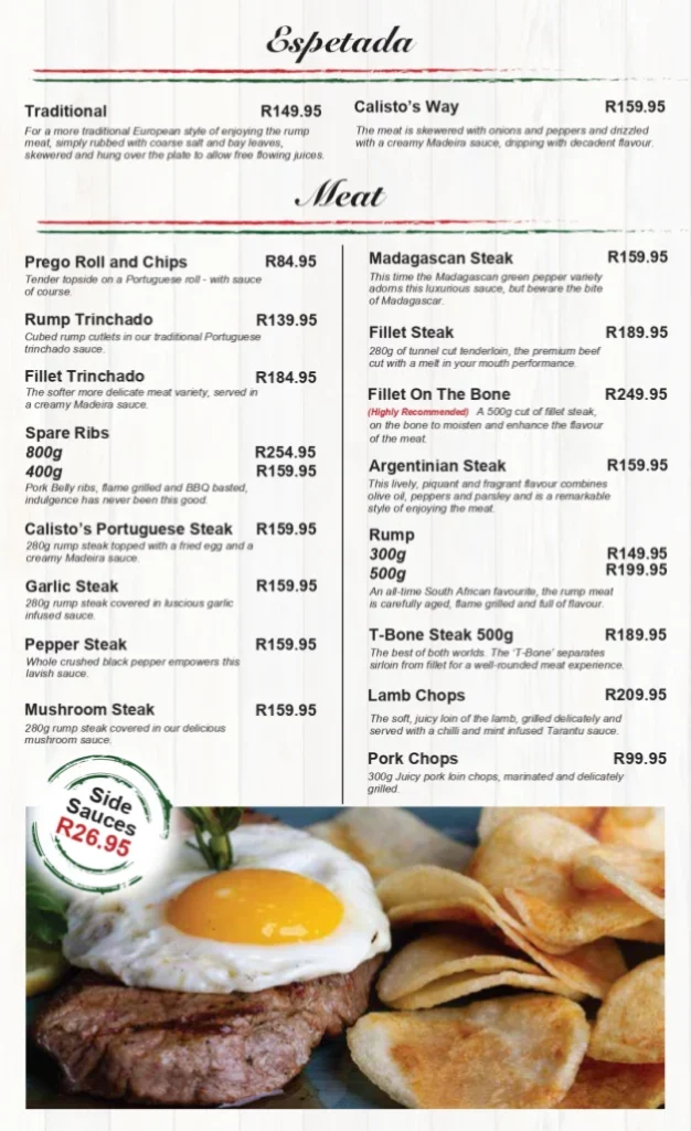 Calistos Menu South Africa Sides & Sauces