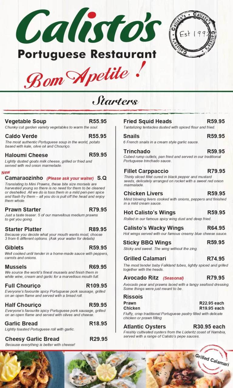 Calistos Menu With Updated Prices in South Africa