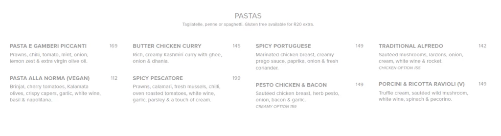 Circus Circus Menu South Africa PASTAS