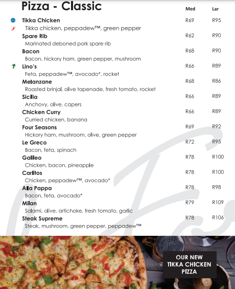 Del Forno Menu South Africa Classic Pizzas