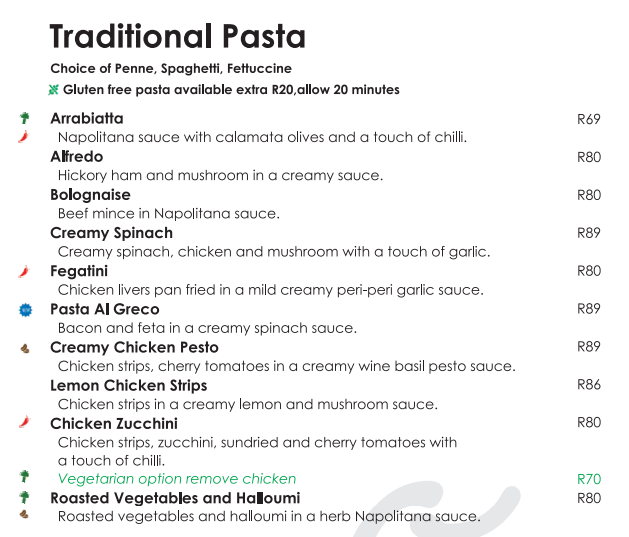 Del Forno Menu South Africa Traditional Pasta