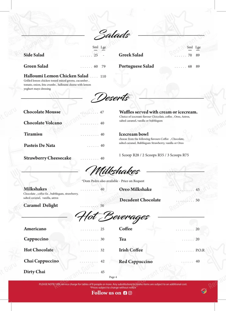 Diaz Tavern Menu South Africa Pastas