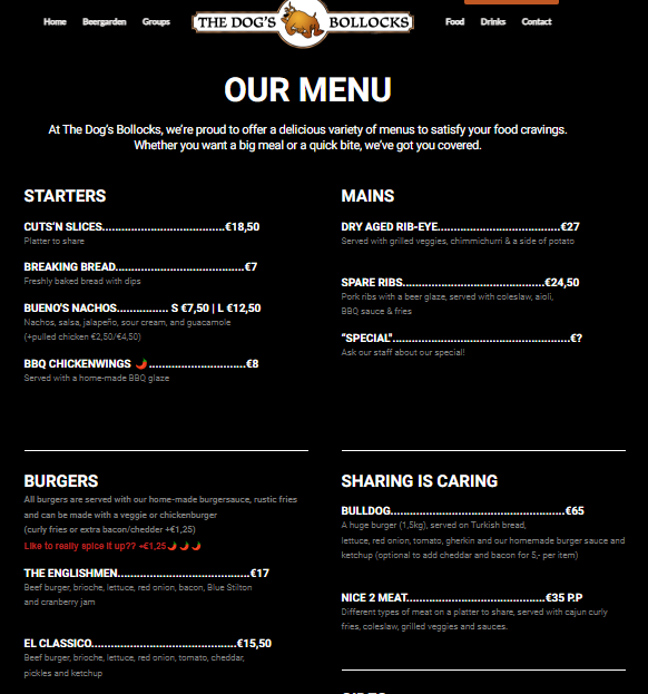 Dogs Bollocks Menu With Updated Prices in South Africa