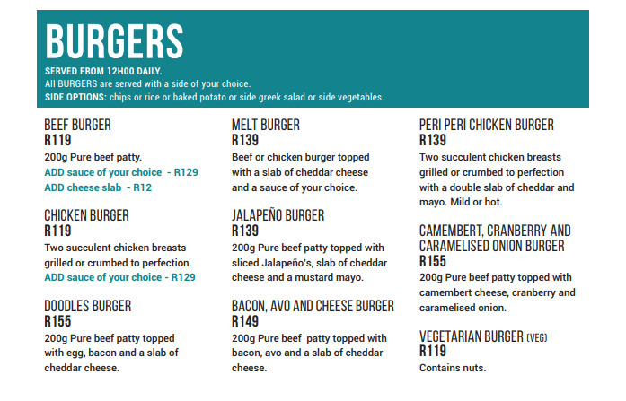 Doodles Menu South Africa BURGERS