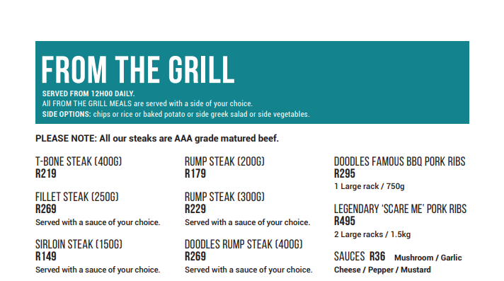 Doodles Menu South Africa FROM THE GRILL