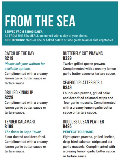 Doodles Menu South Africa FROM THE SEA