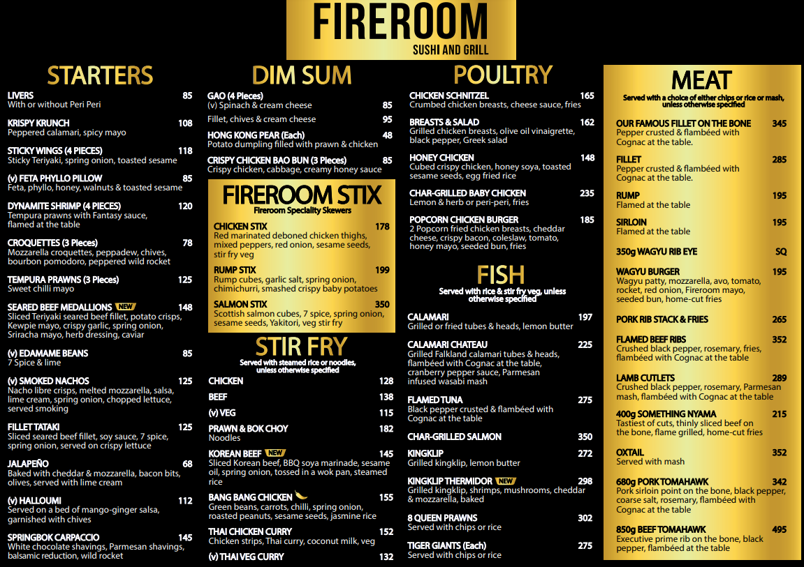 Fireroom Bedfordview Menu With Updated Prices in South Africa