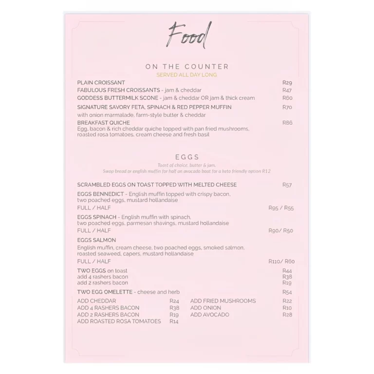 Goddess Cafe Menu