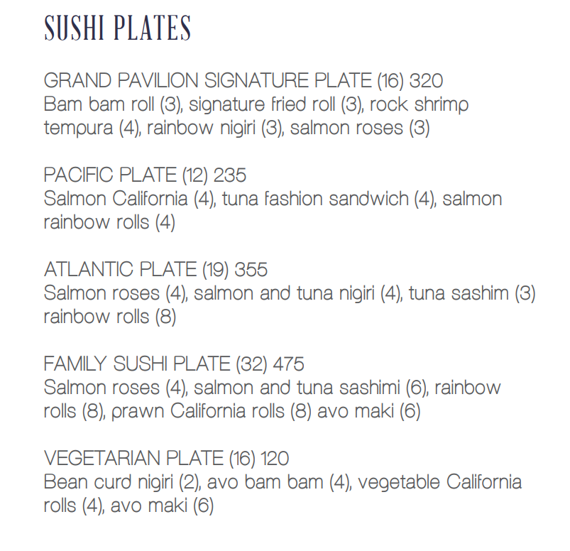 Grand Pavilion Sushi Plates Menu