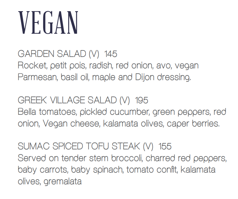 Grand Pavilion Vegan Menu