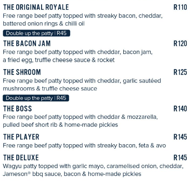 Hudsons Menu South Africa ALL SIDES SERVED SEPARATELY