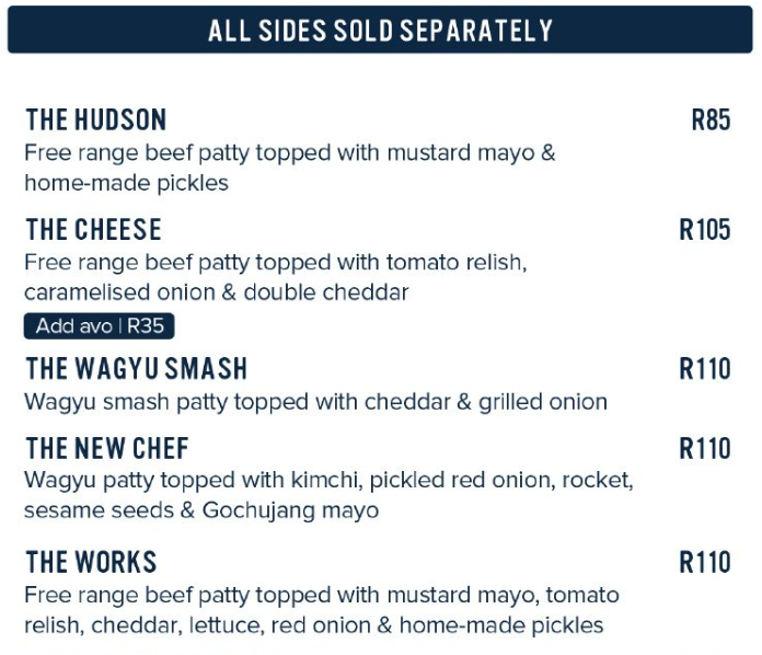 Hudsons Menu South Africa ALL SIDES SERVED SEPARATELY