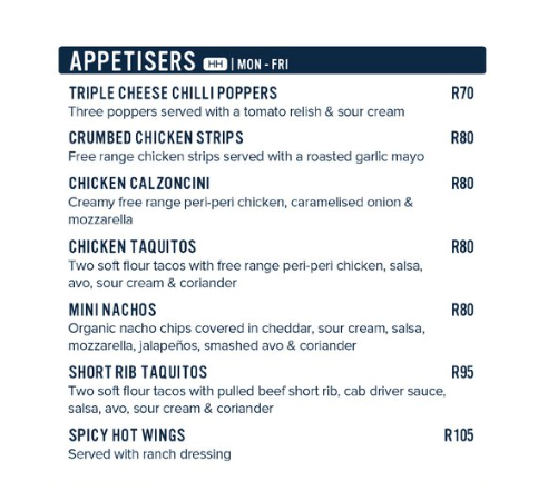 Hudsons Menu South Africa APPETISERS