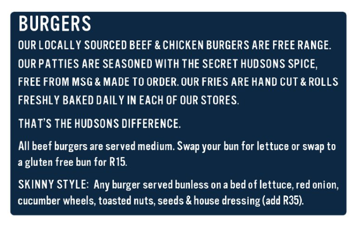 Hudsons Menu South Africa BURGERS