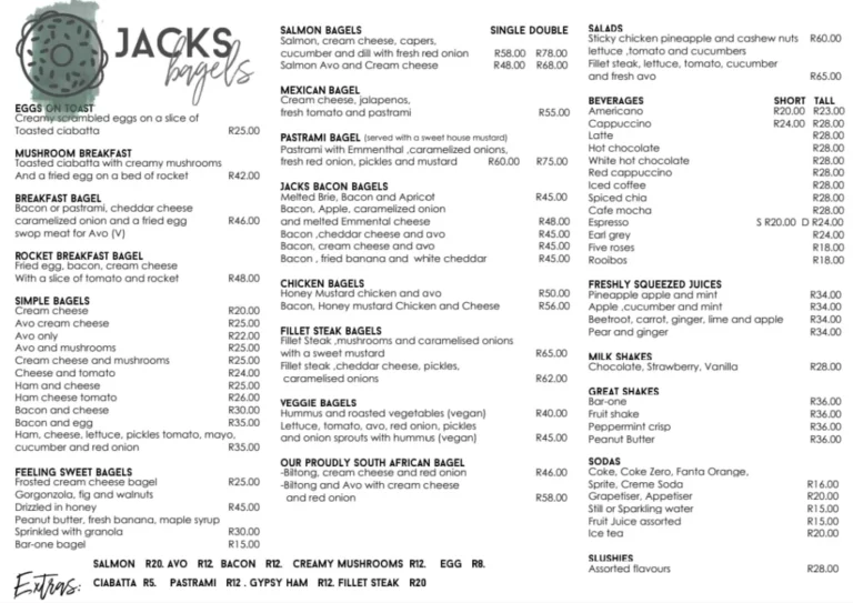 Jack’s Bagels Menu With Updated Prices in South Africa