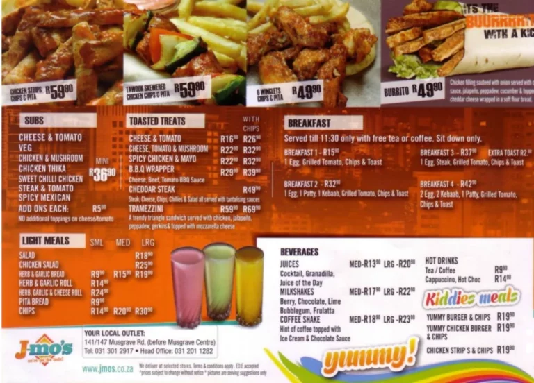 Jmos Westwood Menu With Updated Prices in South Africa