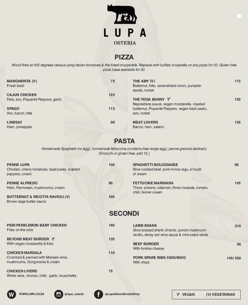 Lupa Osteria Menu South Africa Pizza