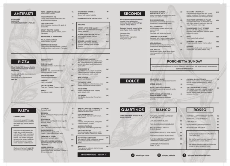 Lupa Osteria Menu With Updated Prices in South Africa