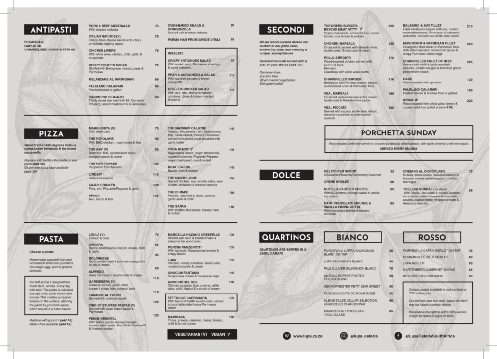 Lupa Osteria Menu With Updated Prices in South Africa