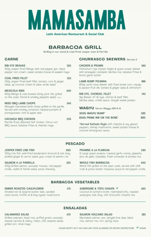 Mamasamba Menu South Africa BARBACOA GRILL