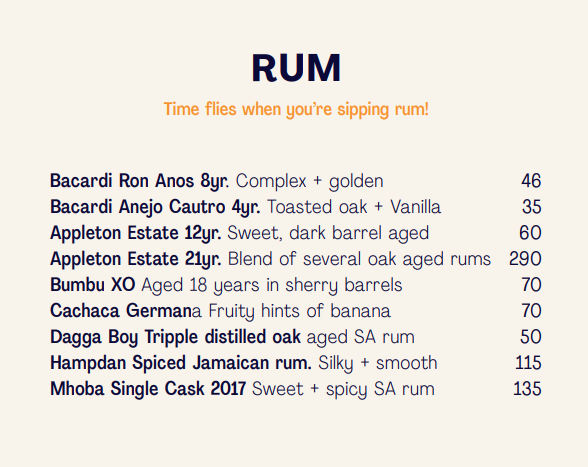 Mamasamba Menu South Africa RUM