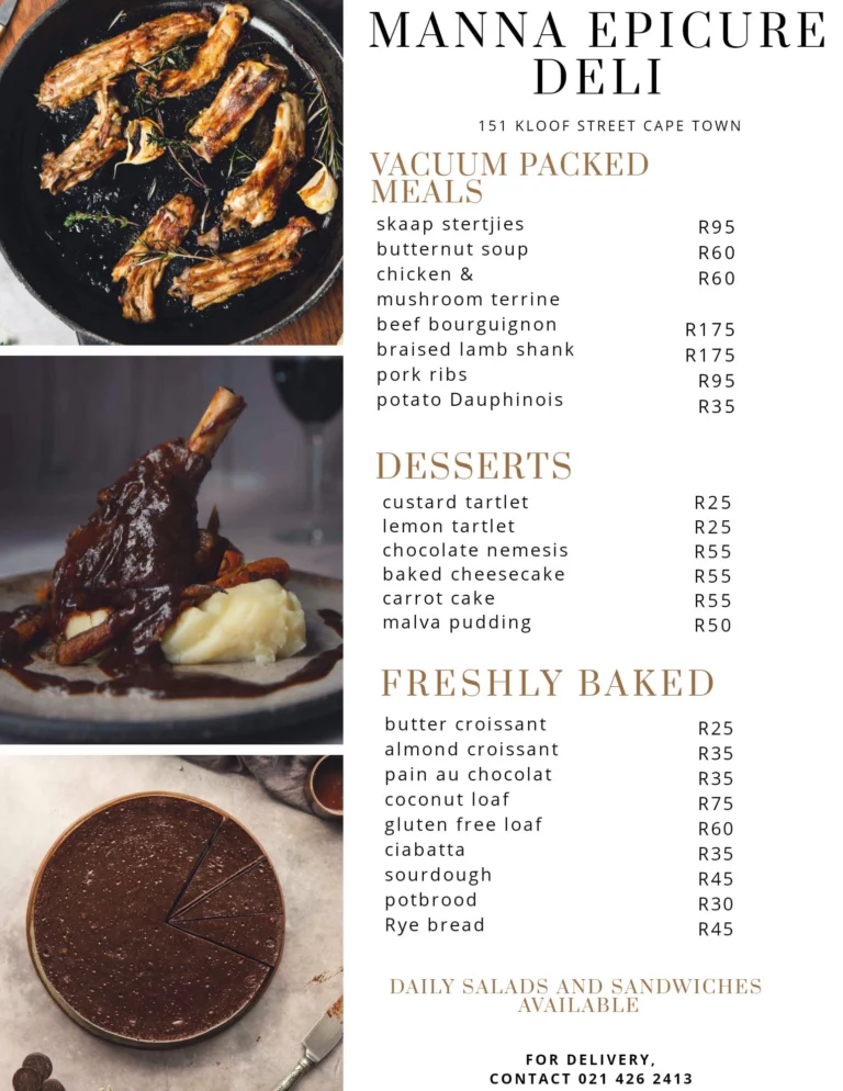 Manna Epicure Menu With Updated Prices in South Africa