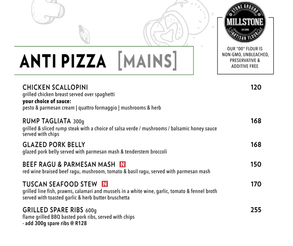 Piza e Vino Menu South Africa ANTI PIZZA